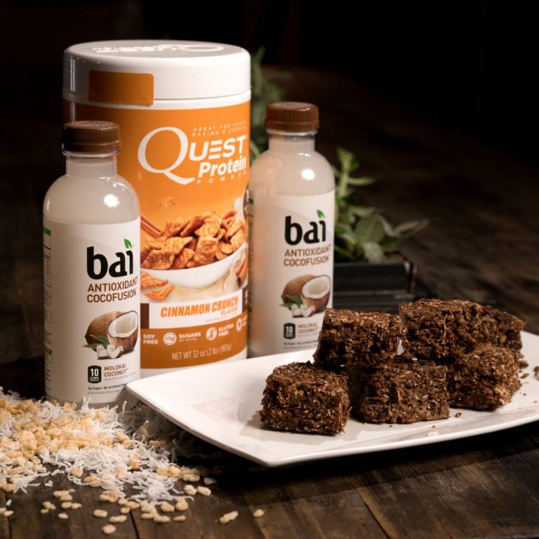 Crispy treats made with Quest Cinnamon Crunch Protein and Bai Molokai Coconut