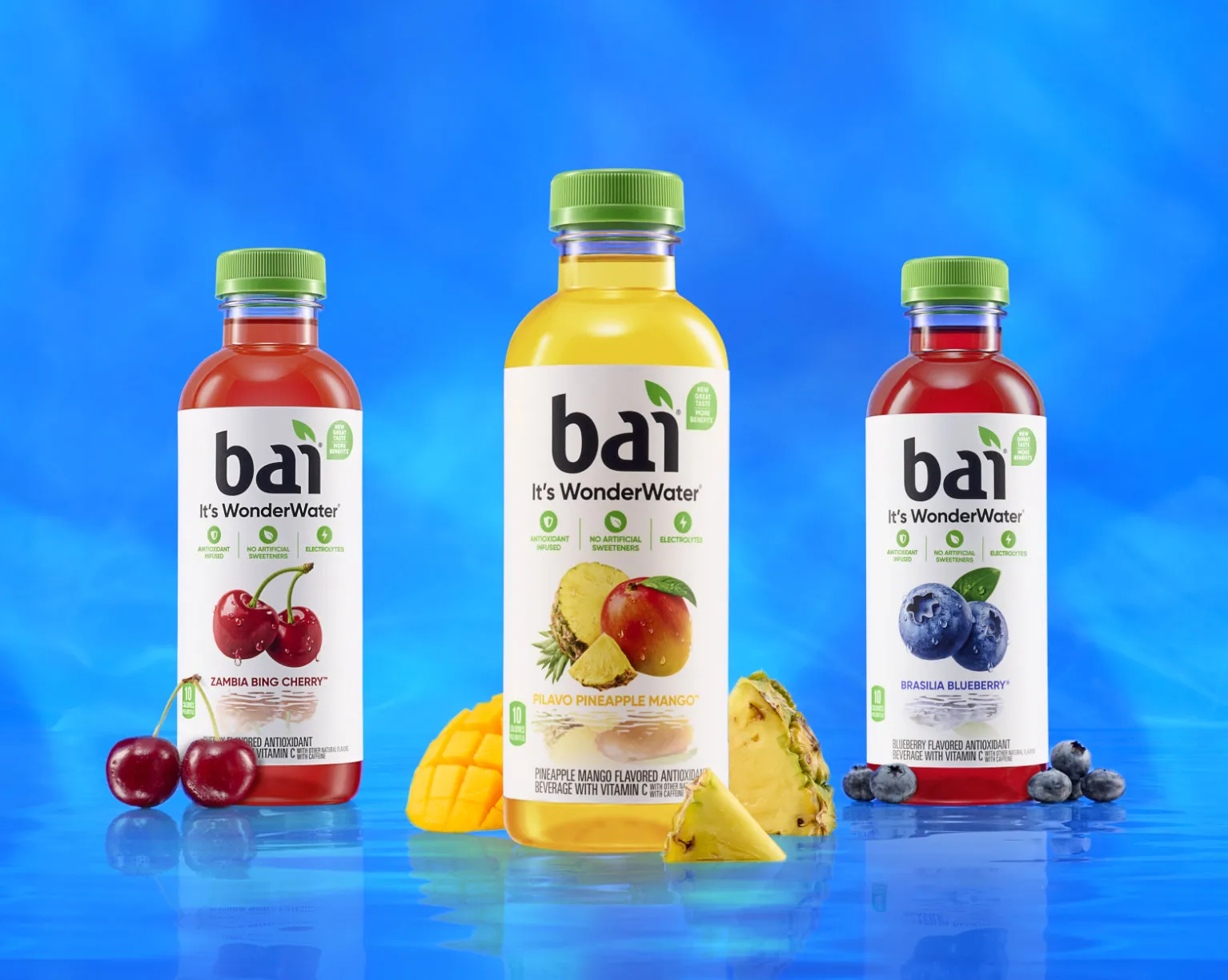 Bai Bottles with fruit flavor next to them